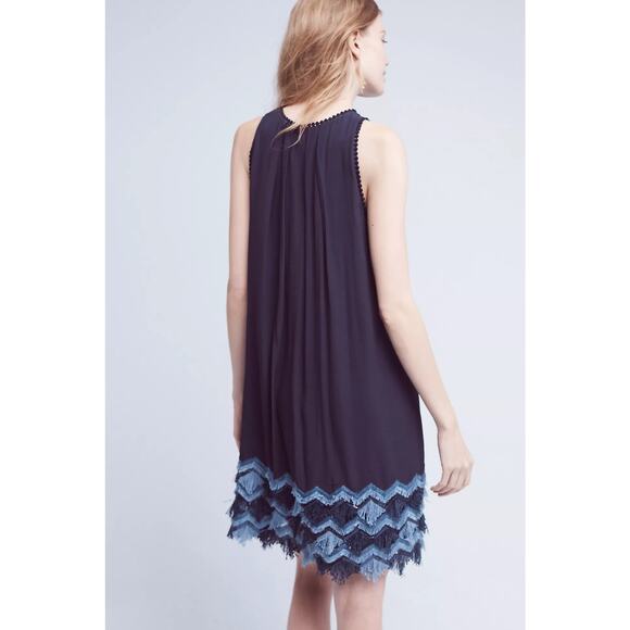Maeve Anthropologie Navy Fringed Hem Sleeveless Swing Mini Dress Size 2 - Picture 3 of 13